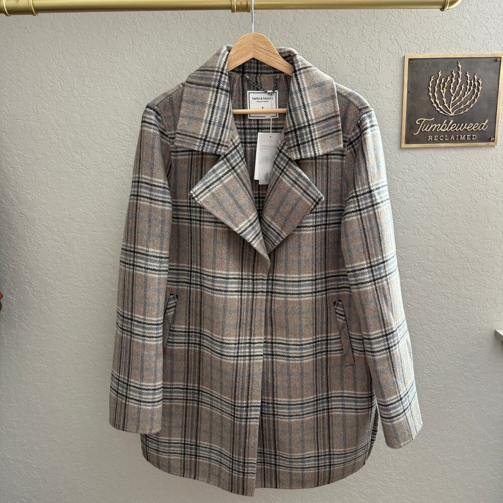 Women's‎ Belle & Bloom Brown, Black, Blue Plaid Snap Front Coat Size L NEW - Picture 2 of 10